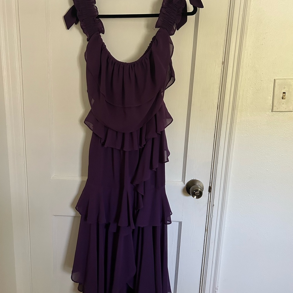 Wedding guest Misa Los Angeles Purple Ruffled Midi Dress